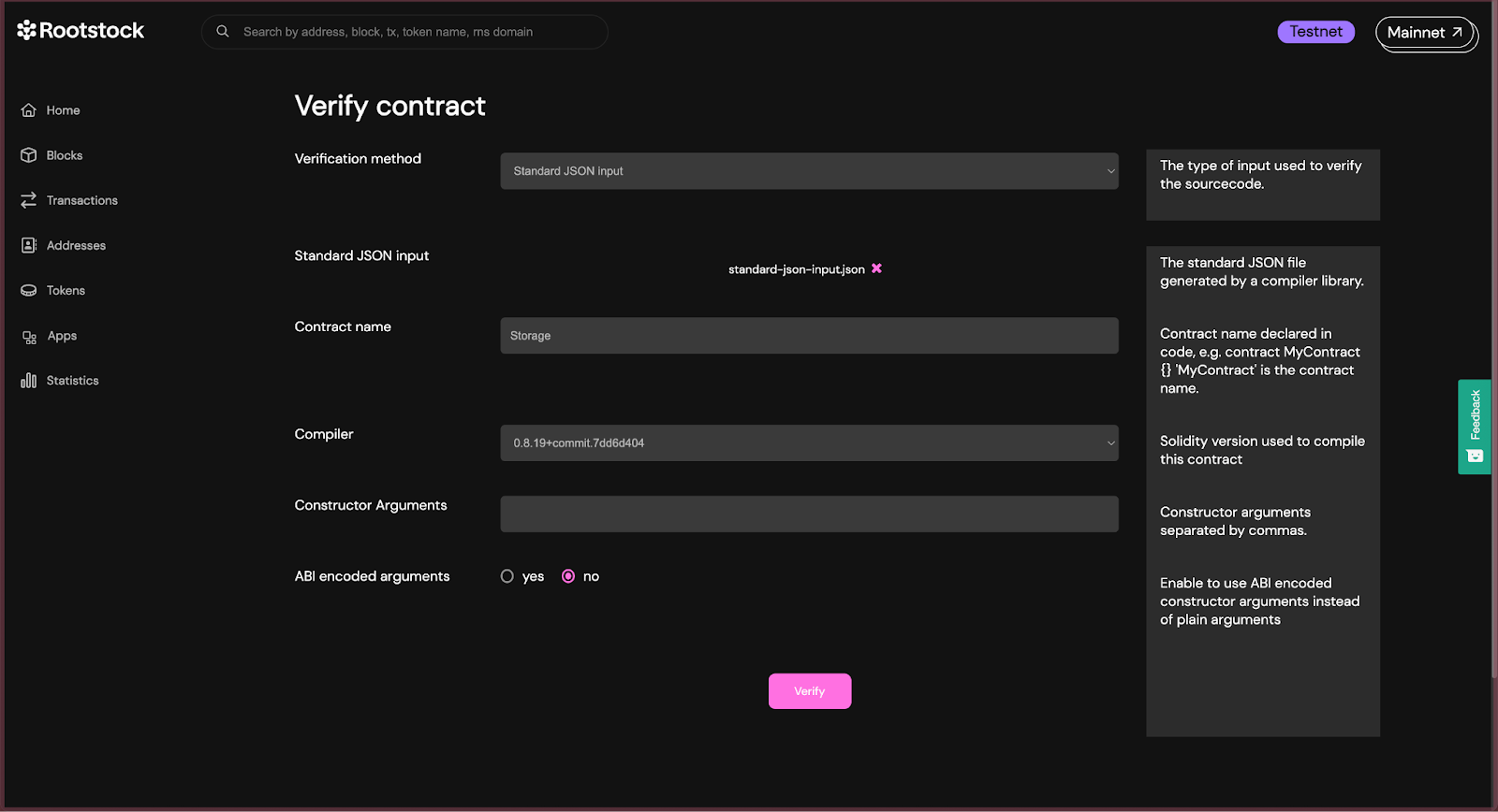 Verify Contract - Rootstock Testnet Explorer